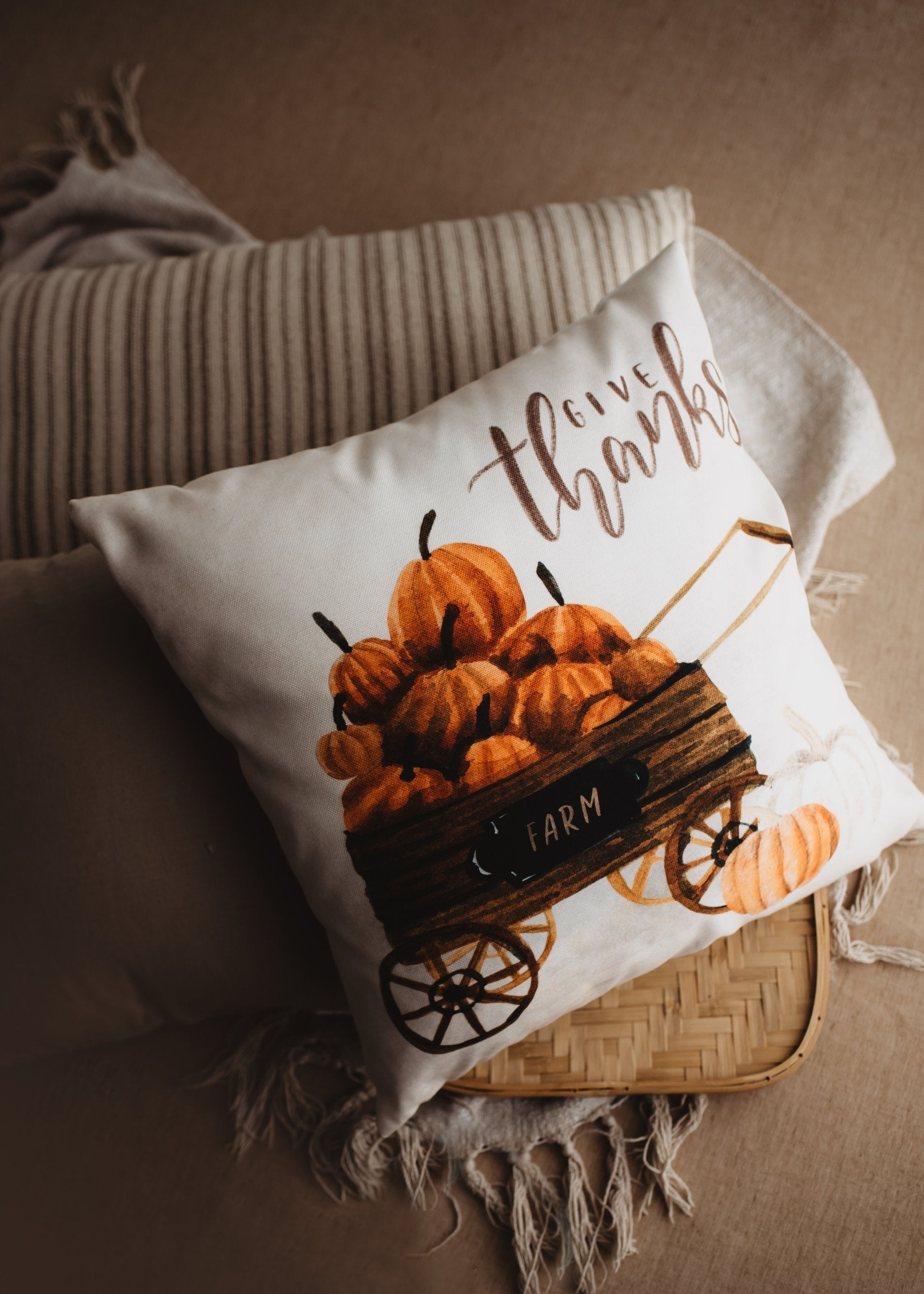 Give Thanks Throw Pillow Cover – Thanksgiving Farmhouse Accent