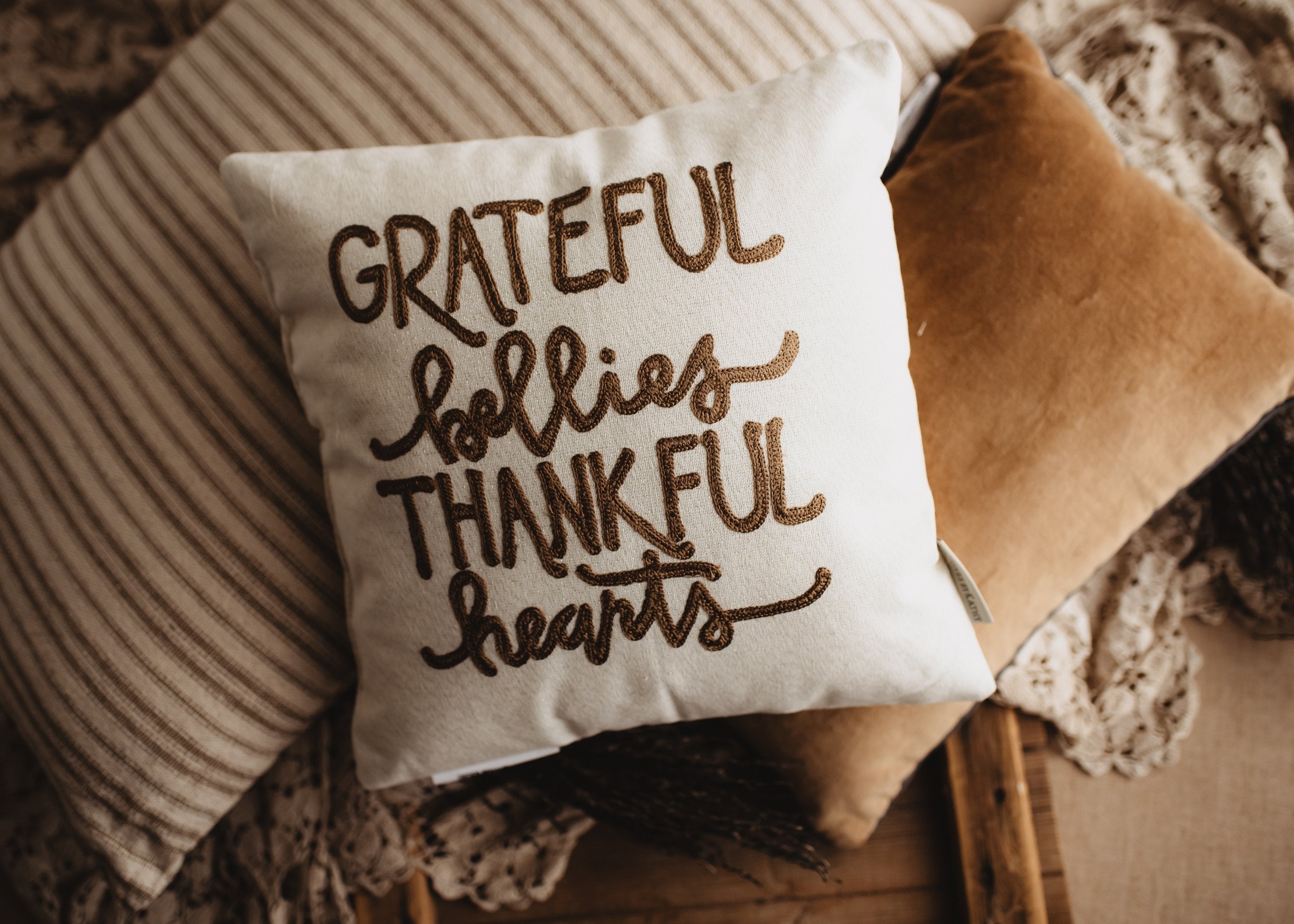 Grateful Bellies Thankful Hearts Throw Pillow