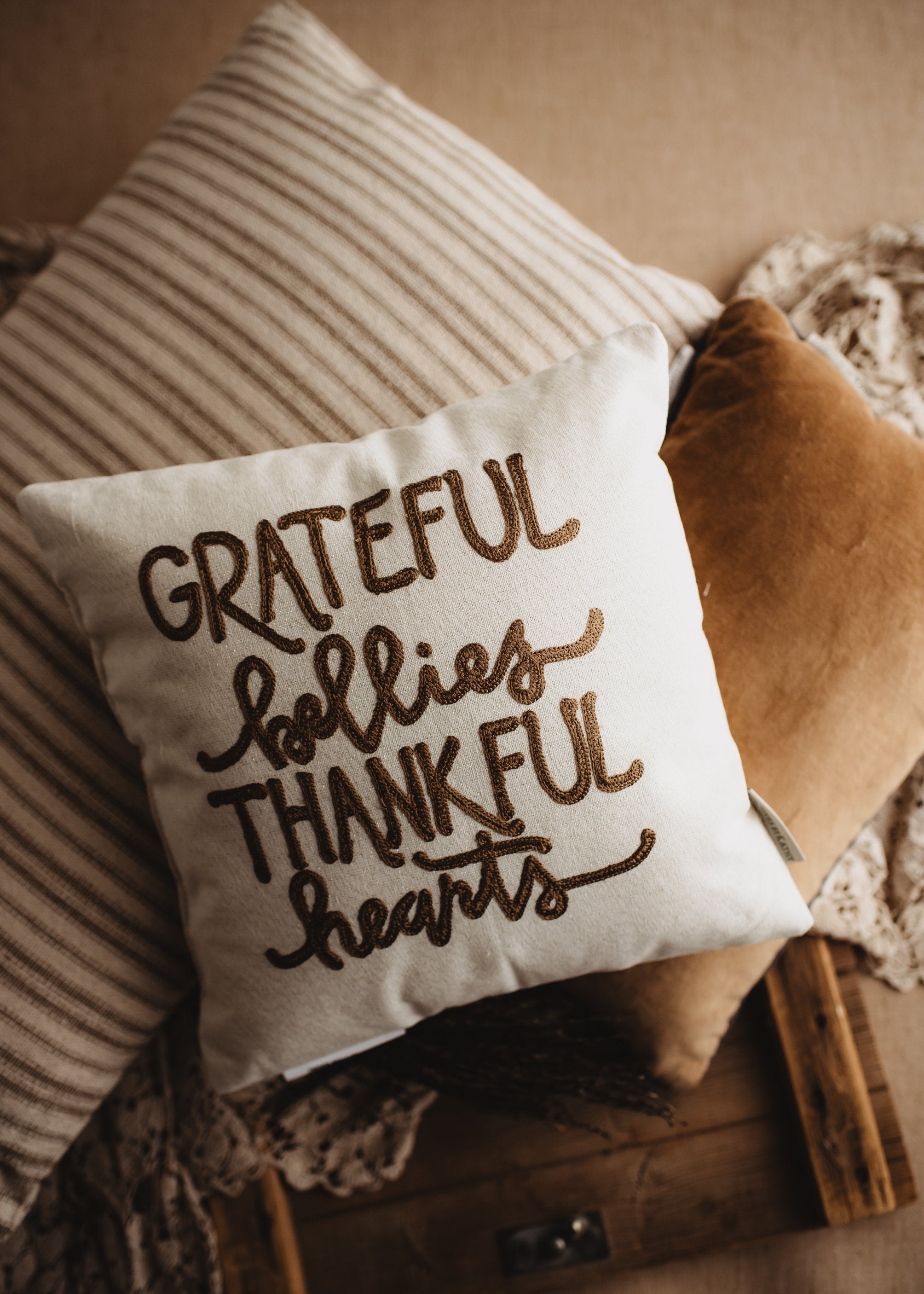 Grateful Bellies Thankful Hearts Throw Pillow