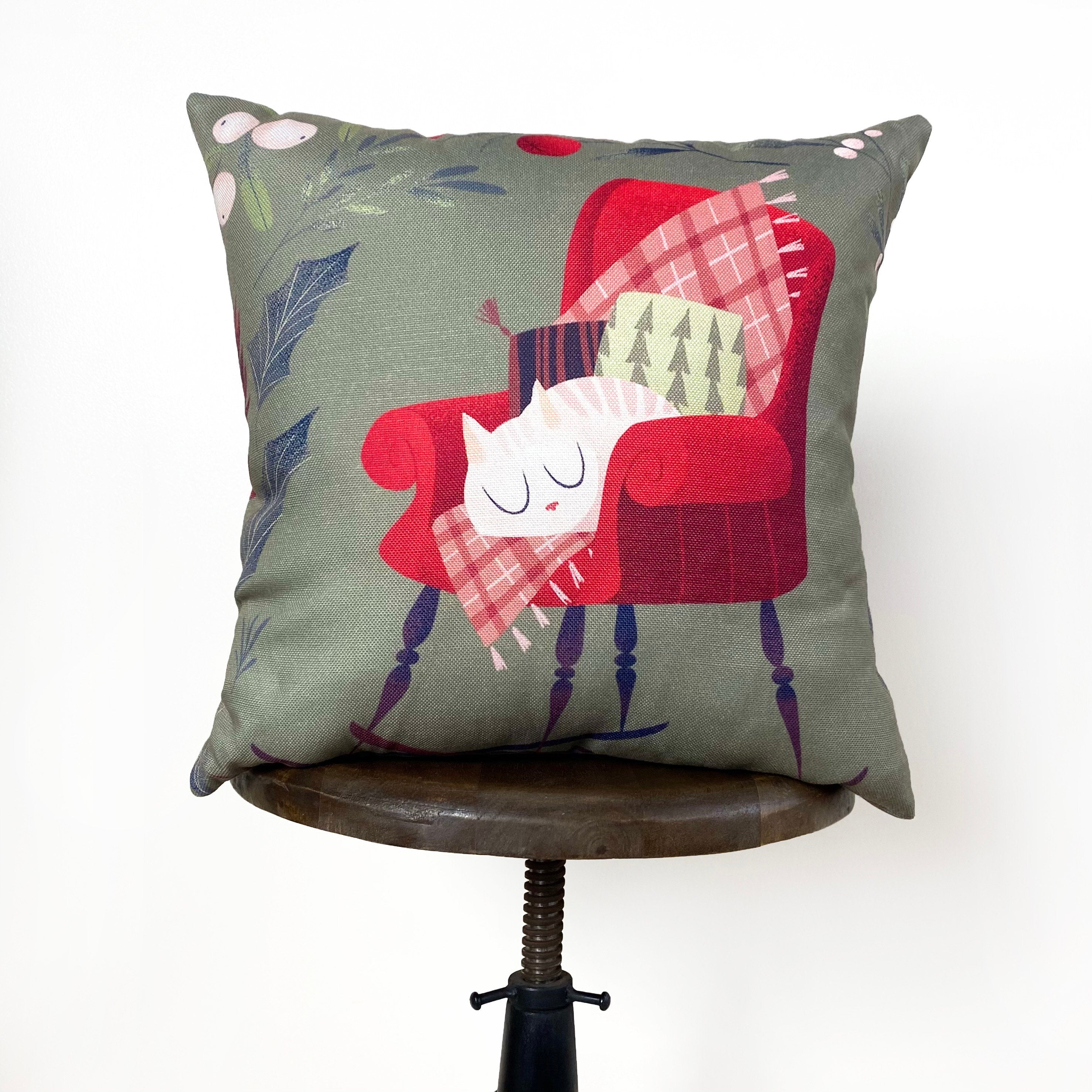 Christmas Kitty Throw Pillow Cover – Cozy Winter Cat Lover’s Décor