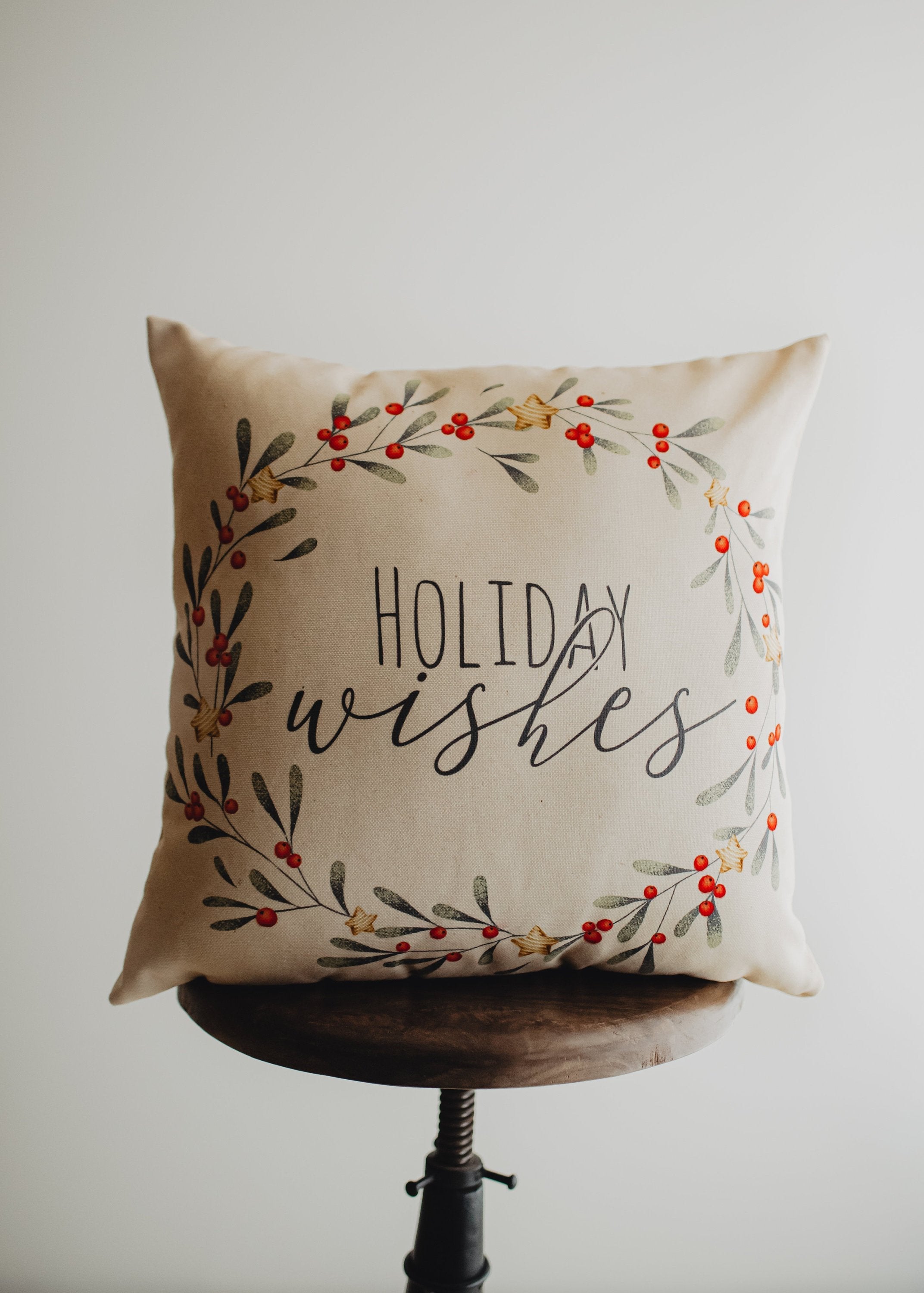 Holiday Wishes & Mistletoe Kisses Throw Pillow Cover – Neutral Festive Décor