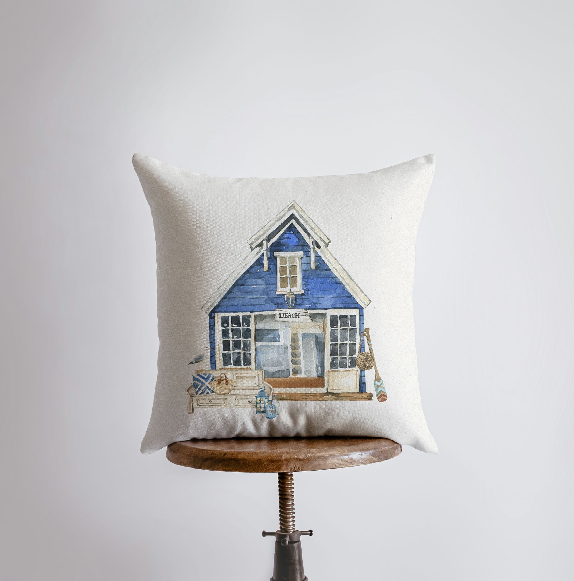Watercolor Beach House Throw Pillow Cover – Coastal Home Décor