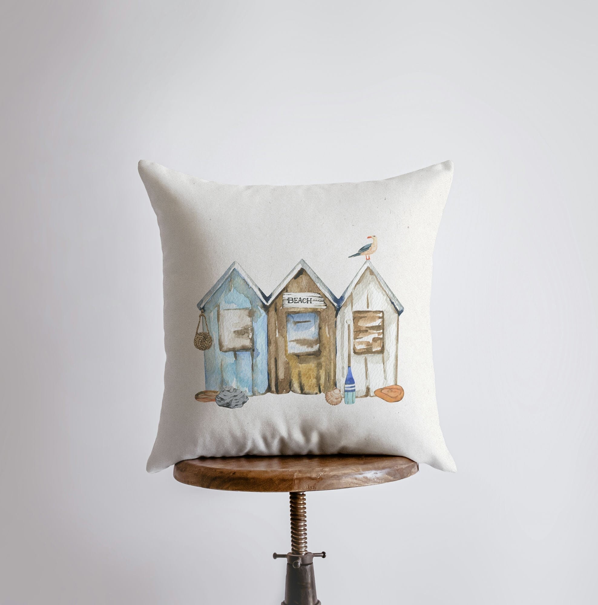 Beach Huts Throw Pillow Cover – Coastal Watercolor