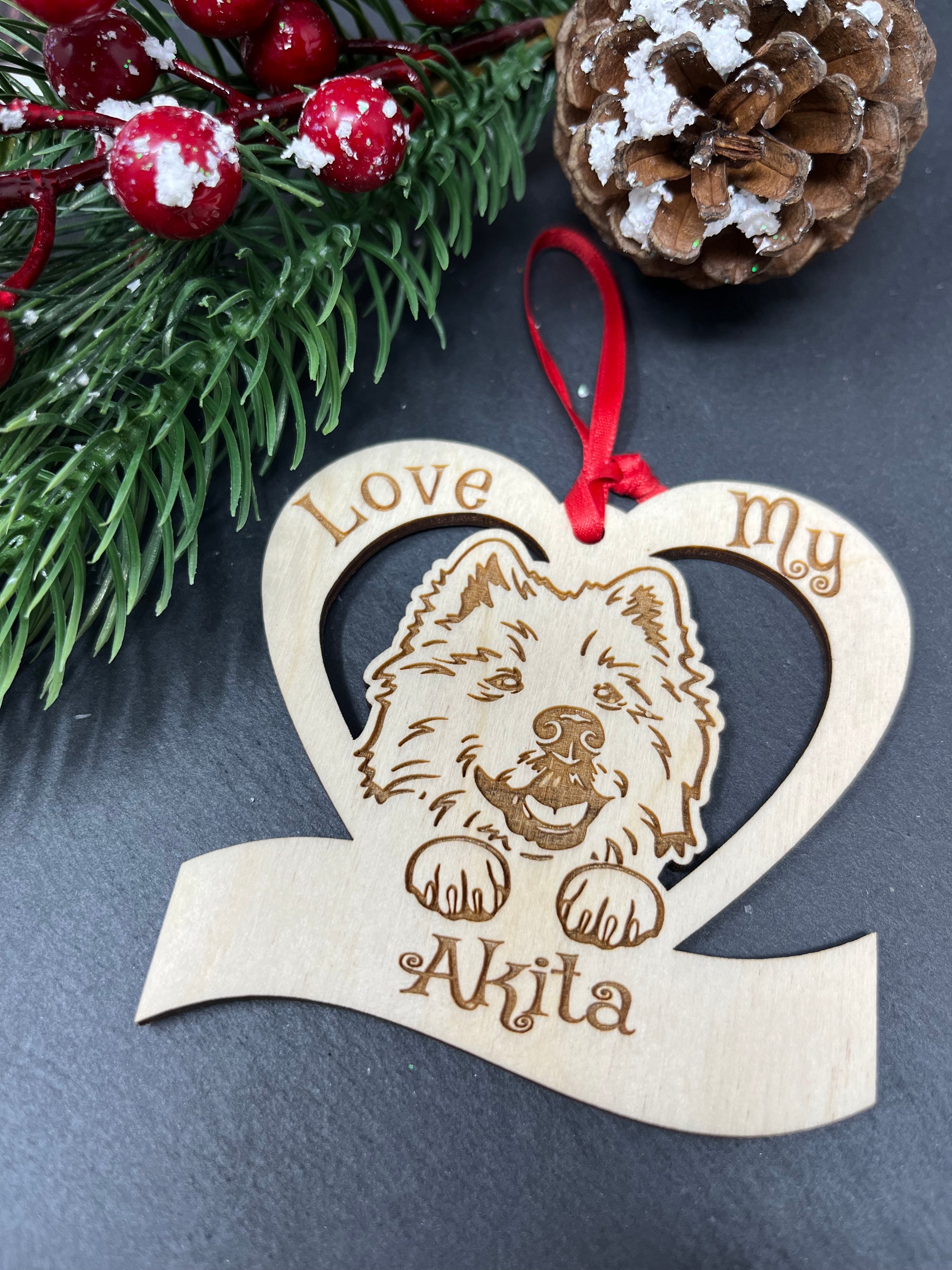 Love My Akita – Laser Engraved Wooden Heart Ornament