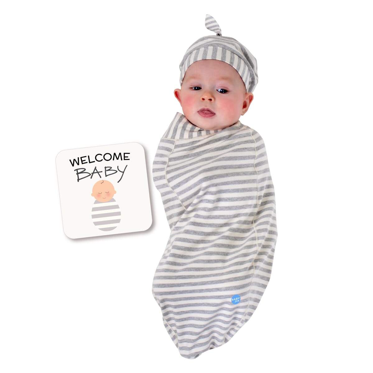 Stripe Baby Cocoon Swaddle Set – with Headpiece & Announcement Card