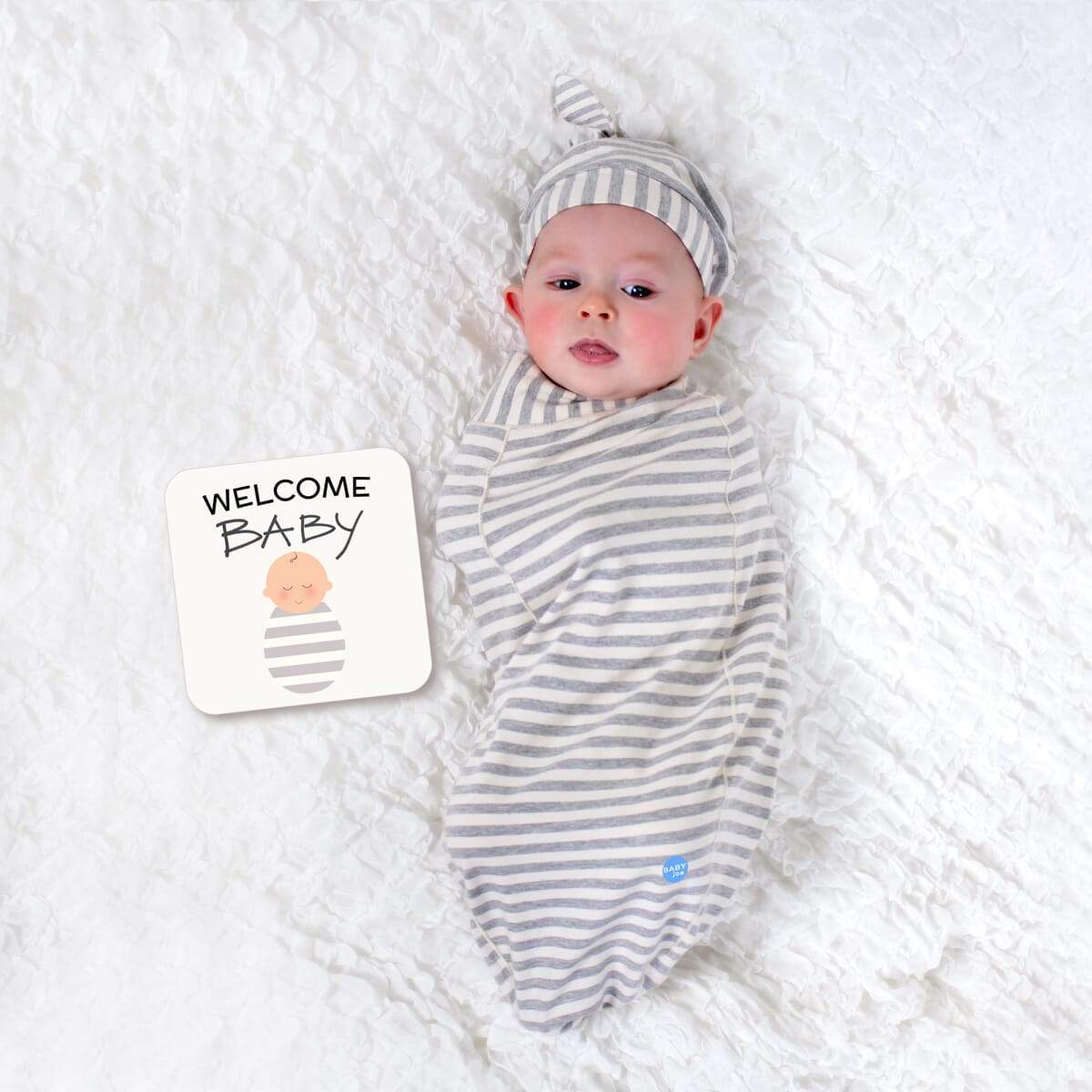 Stripe Baby Cocoon Swaddle Set – with Headpiece & Announcement Card