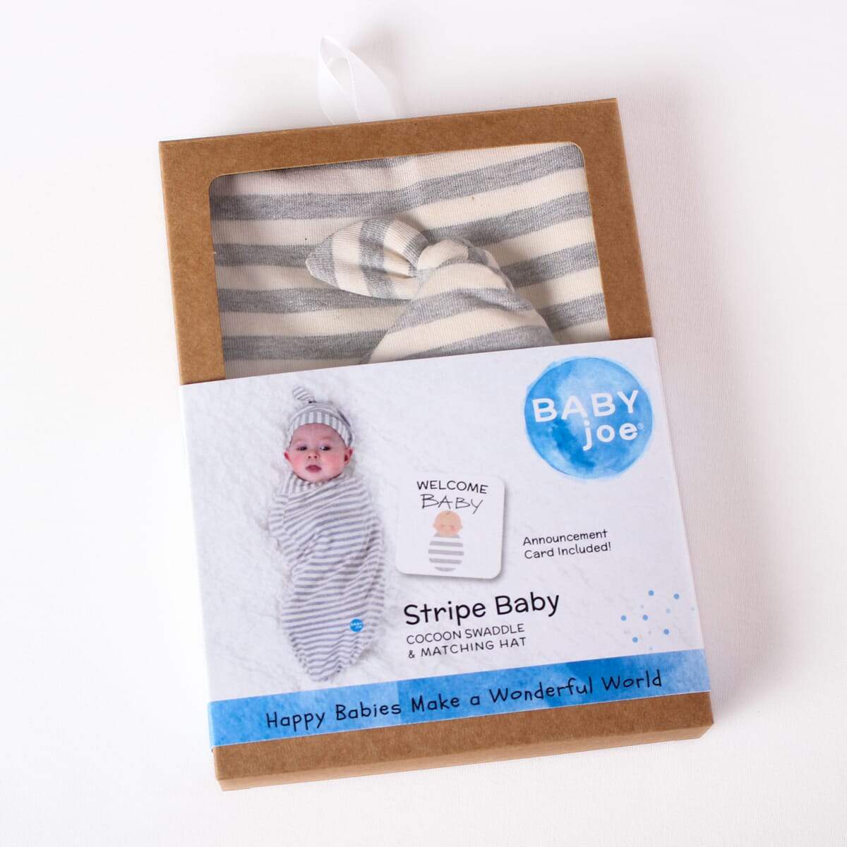 Stripe Baby Cocoon Swaddle Set – with Headpiece & Announcement Card